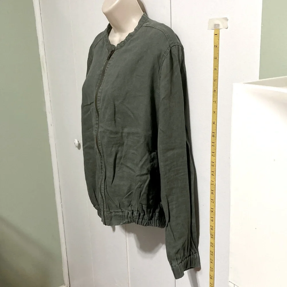 CYNTHIA ROWLEY LINEN Army Green Khaki Bomber Jacket Full Zip Long Sleeves Large